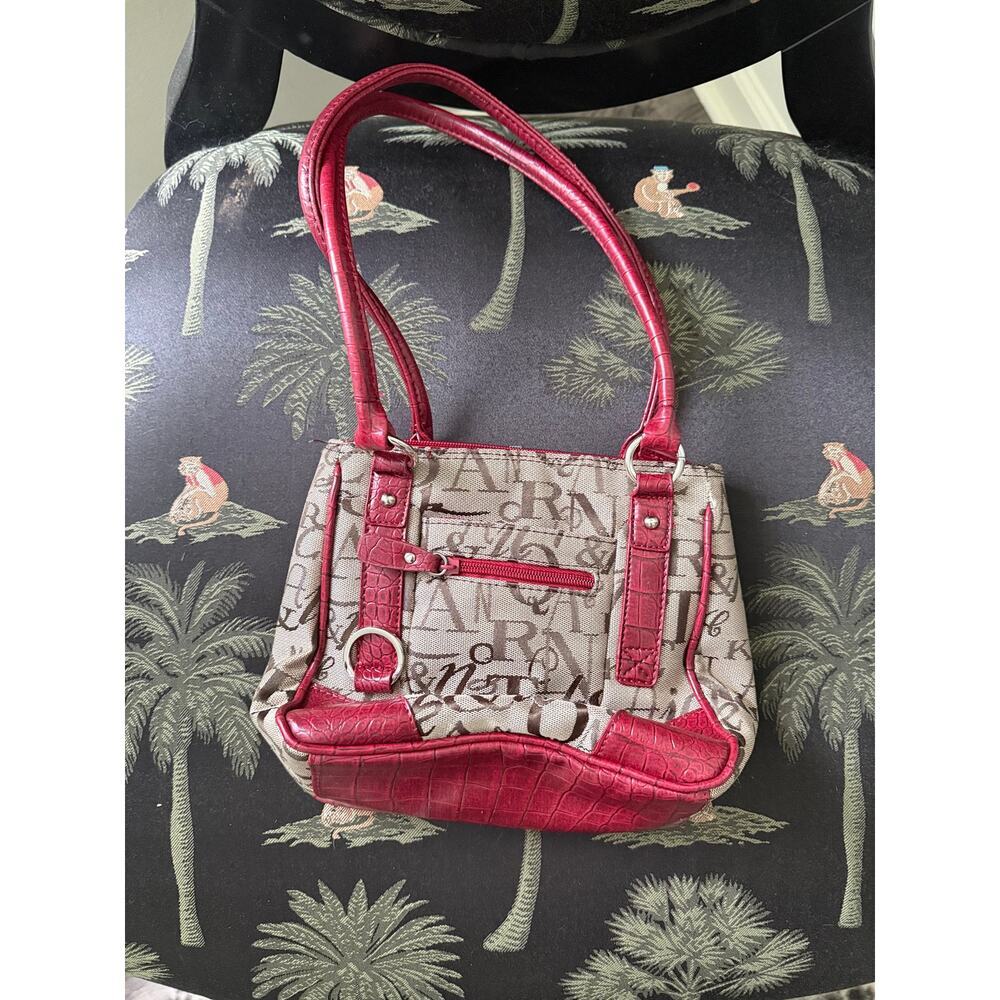 Vintage Y2K Monogram Canvas Shoulder Bag Red Croc Trim Mini Tote Purse - Picture 2 of 4